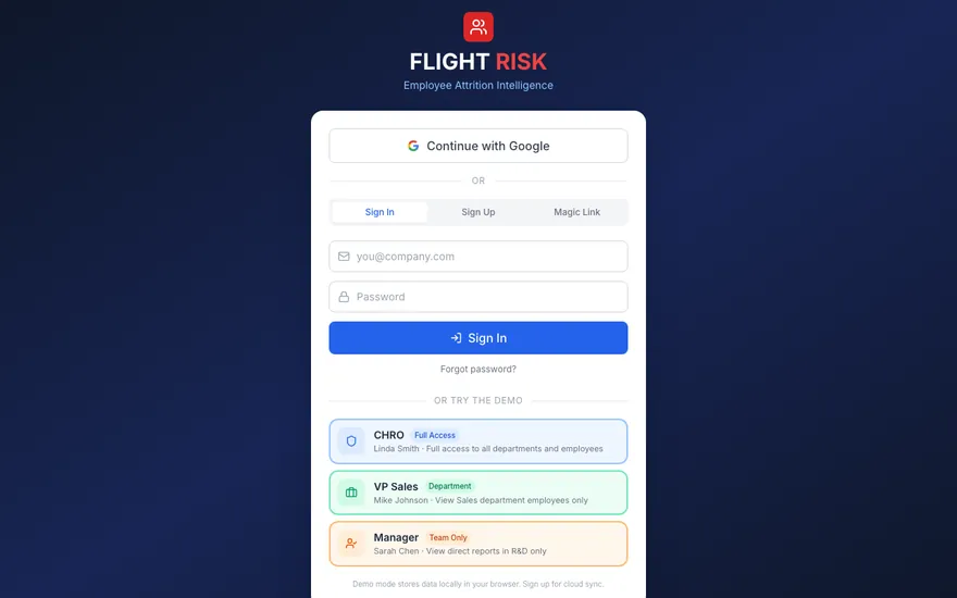 FlightRisk sign-in offering three one-click demo personas