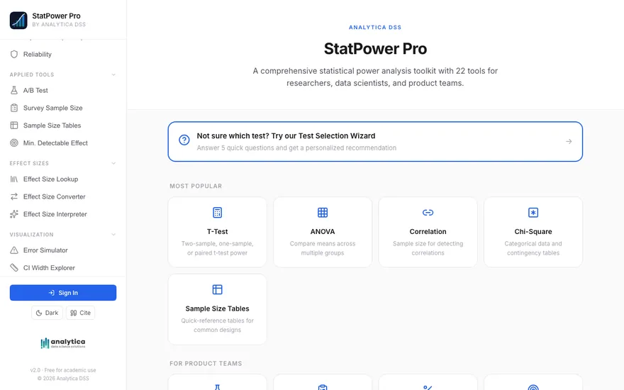 StatPower Pro home screen listing power-analysis tools by category